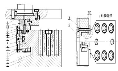 圖5 電噴磁電機轉(zhuǎn)子外殼凸包成型模具結(jié)構(gòu)